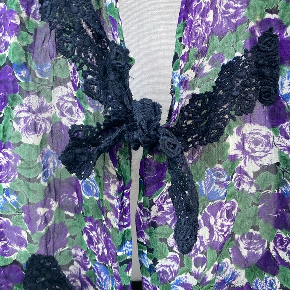 Vintage 90s Alexander Brown Floral Sheer Cardigan Lace Tie Rayon Purple Green XL - Picture 4 of 8
